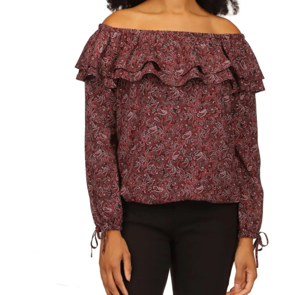 MICHAEL MICHAEL KORS Womens Maroon Ruffled Paisley Long Sleeve Off Shoulder Top
